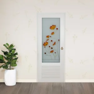 ประตู UPVC กระจก (ลายดอกไม้ส้ม) U-18 เกล็ด1/4 70X180 ขาว จ